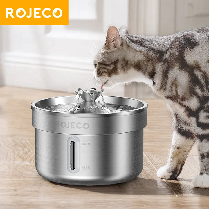 Fontaine à eau ROJECO en acier inoxydable pour chat, design moderne, régulation du débit, facile à nettoyer.
