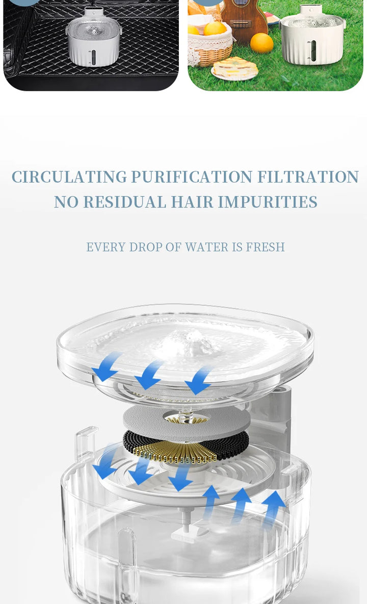 Fontaine à eau purifiée, transparente, filtration circulaire, élimine les impuretés, idéale pour animaux et frais.