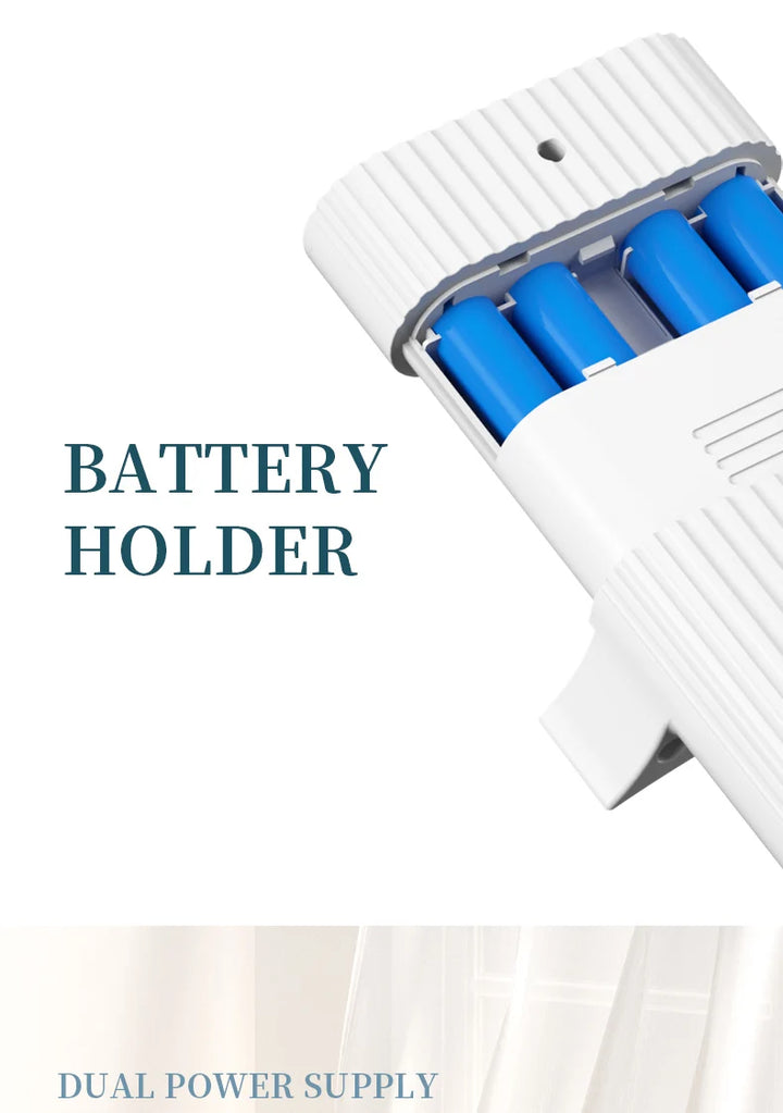 Porte-piles blanc avec compartiment pour 4 piles bleues, idéal pour alimentation double.
