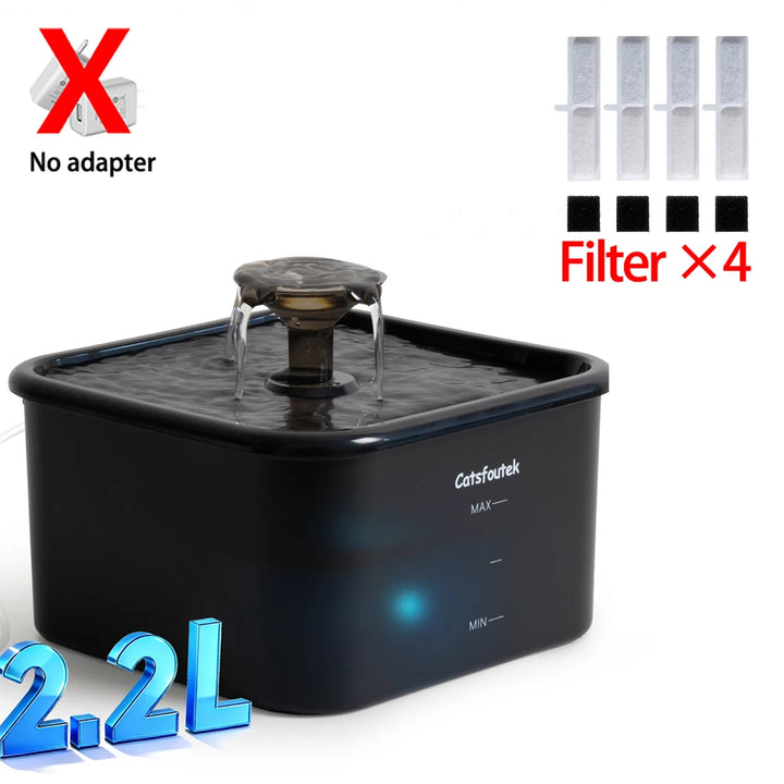 Fontaine pour animaux Catsfoutek 2,2L, noire, avec 4 filtres, sans adaptateur, design moderne.