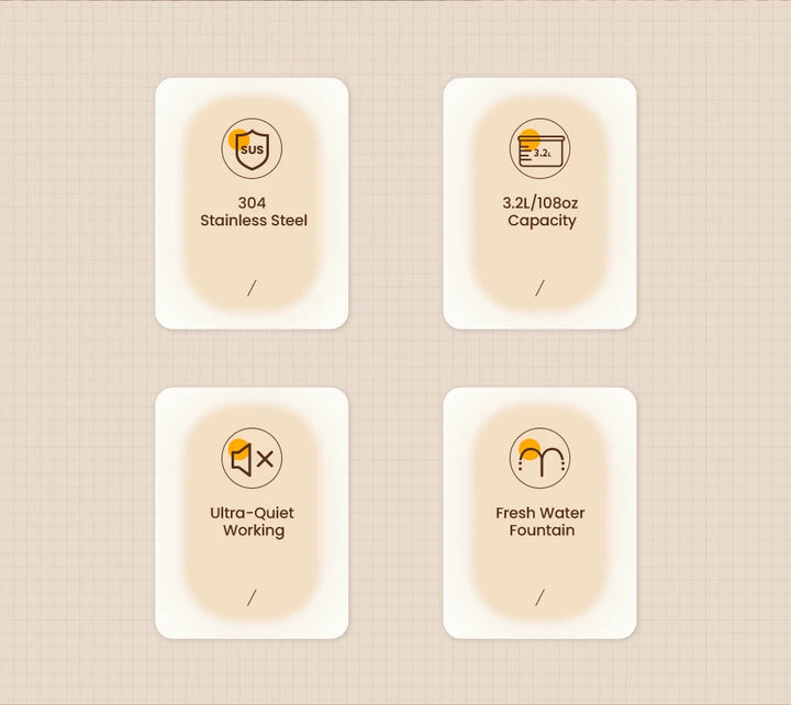 Fontaine d'eau fraîche en acier inoxydable 304, capacité de 3,2 L, fonctionnement ultra-silencieux.