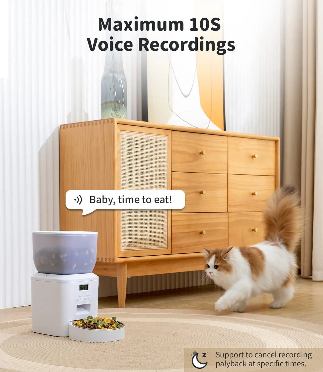 Distributeur automatique de croquettes blanc, enregistrement vocal 10s, pour animaux, pratique et moderne.