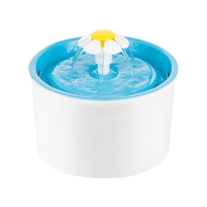 Fontaine d'eau pour animaux, blanche et bleue, en plastique, avec un design de fleur, idéale pour l'hydratation.