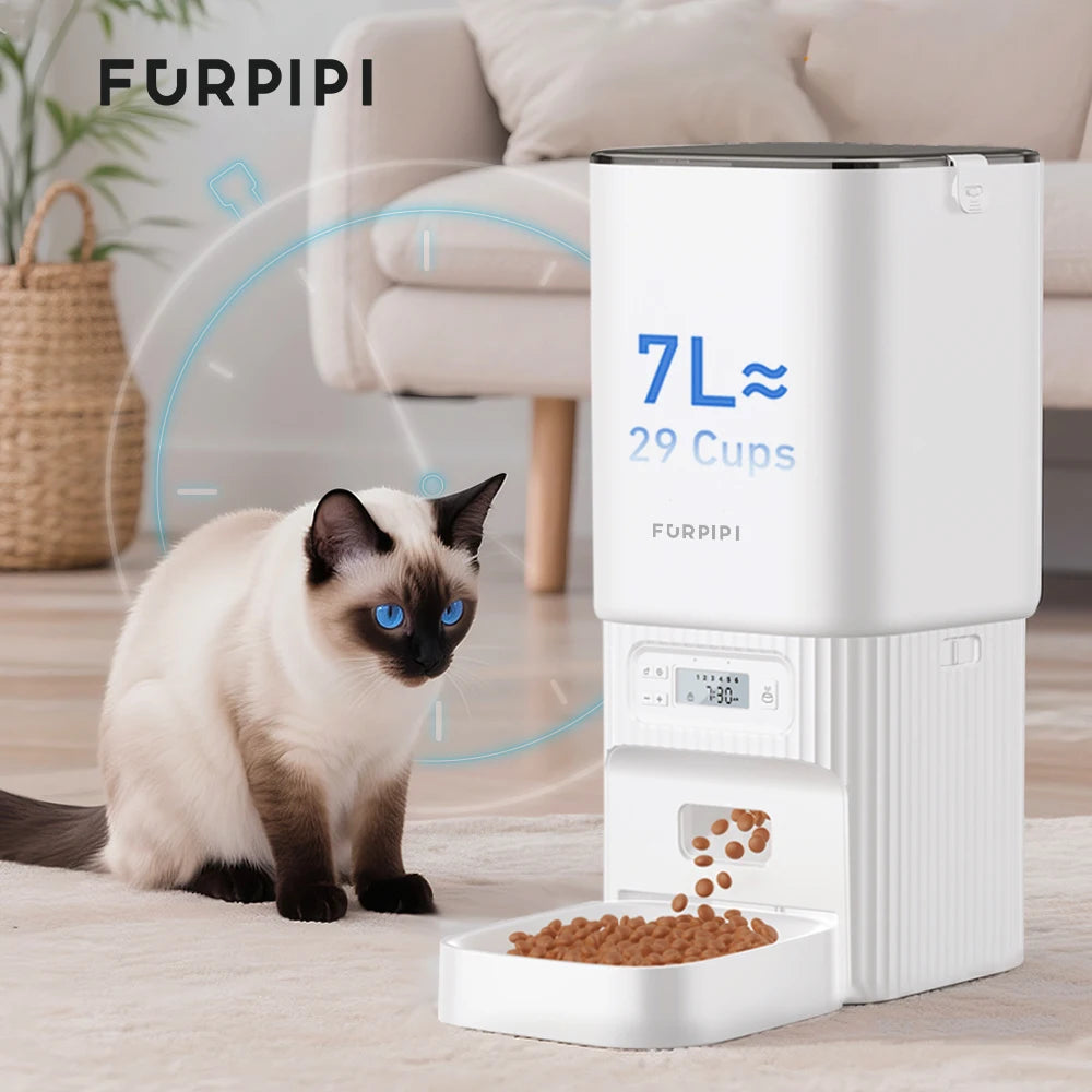 Distributeur automatique de croquettes pour chat blanc 7L avec fonction programmable et détection de mouvement.
