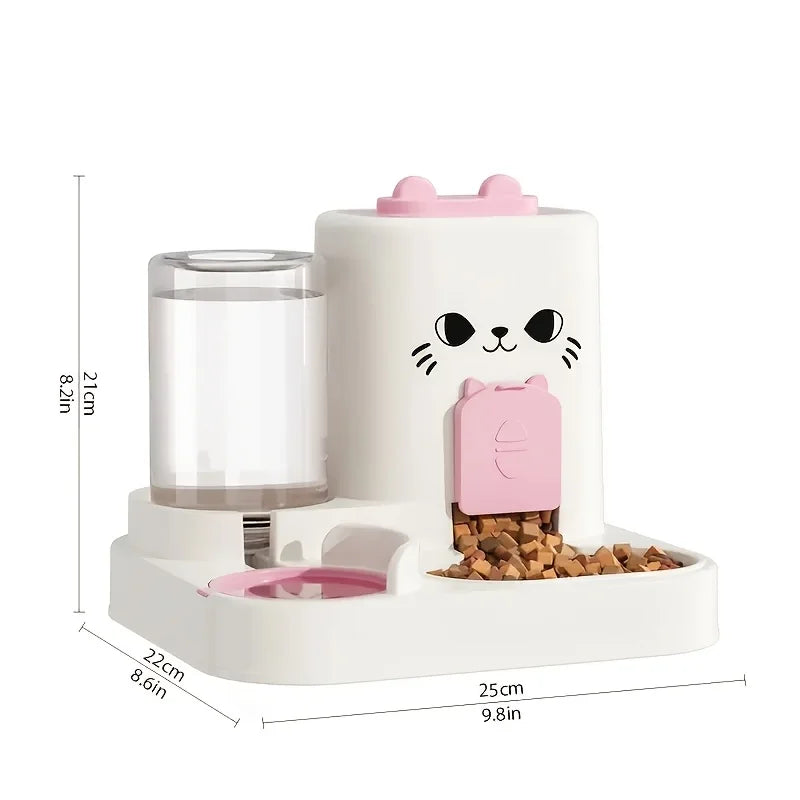 Distributeur de croquettes pour chat, blanc avec des accents roses, en plastique, pratique et mignon.