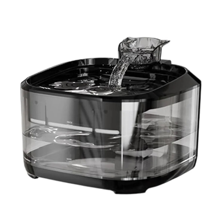 Fontaine à eau noire en plastique, design moderne, avec réservoir transparent et système de filtration.