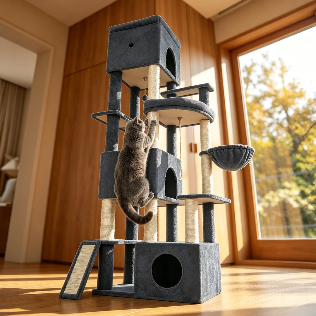 Arbre à chat XXL 202 cm gris foncé avec trois niches et hamac