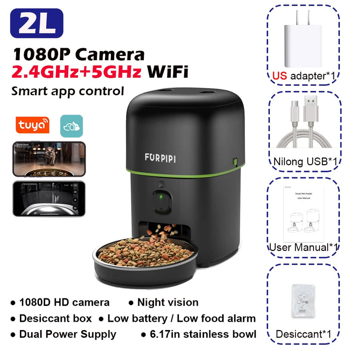 Distributeur intelligent pour animaux, caméras 1080P, WiFi 2.4GHz/5GHz, noir, avec bol en acier inoxydable.