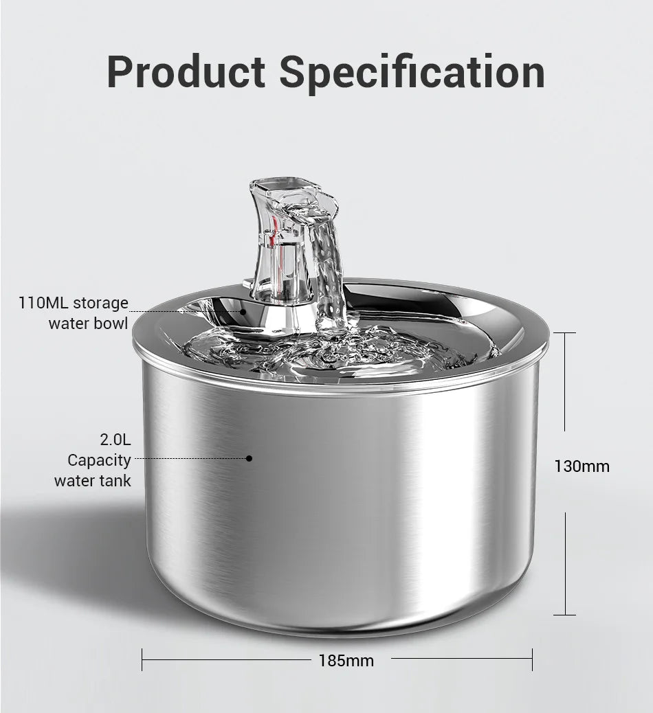 Fontaine à eau pour animaux, acier inoxydable, 2,0 L, avec bol de stockage 110 mL, design moderne.