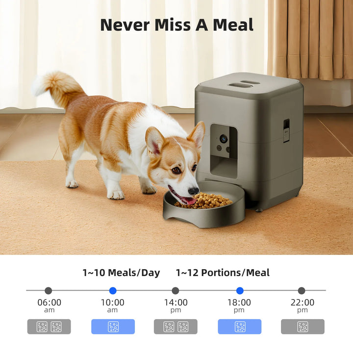 Distributeur automatique de croquettes gris pour chien, 1 à 10 repas/jour, 12 portions/maxi par repas.