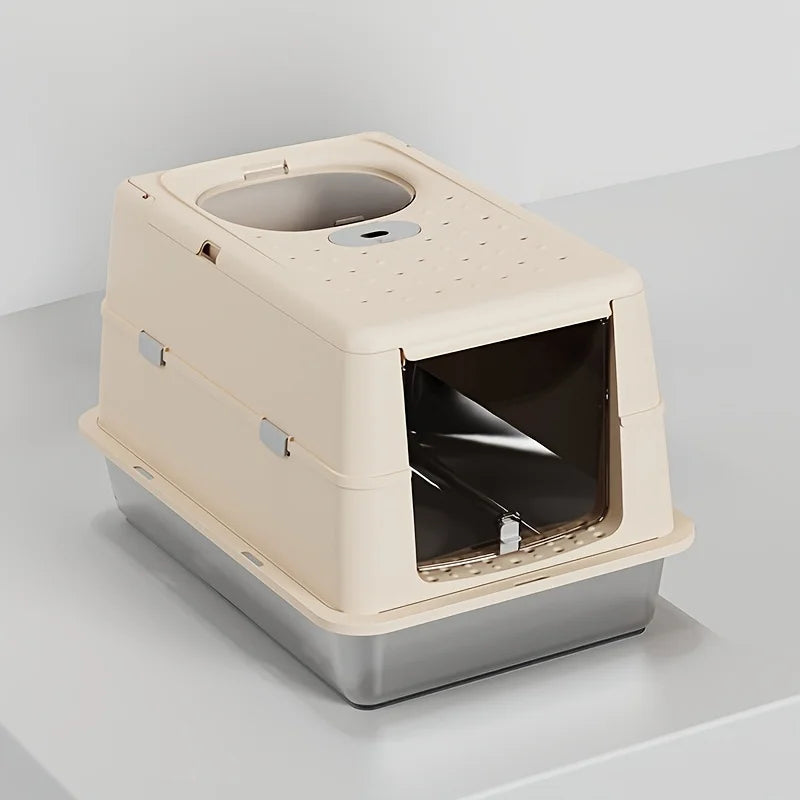 Bac à litière chat en acier inoxydable avec couvercle basculant – Modèle "SteelFlip Premium"