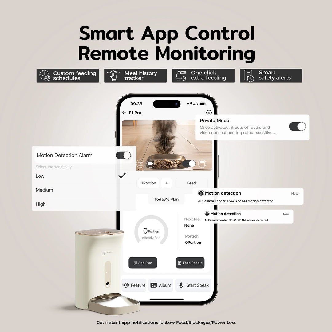 Distributeur de nourriture intelligent crème avec contrôle app et détection de mouvement pour animaux.