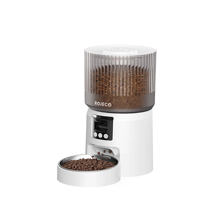 Distributeur de croquettes ROJECO, blanc, en plastique, avec bol en acier inox et système de dosage électronique.