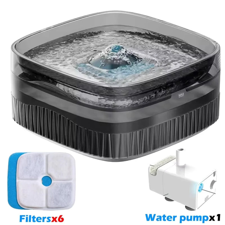 Fontaine à eau pour animaux, noire, inclut 6 filtres et 1 pompe, design moderne et silencieux.