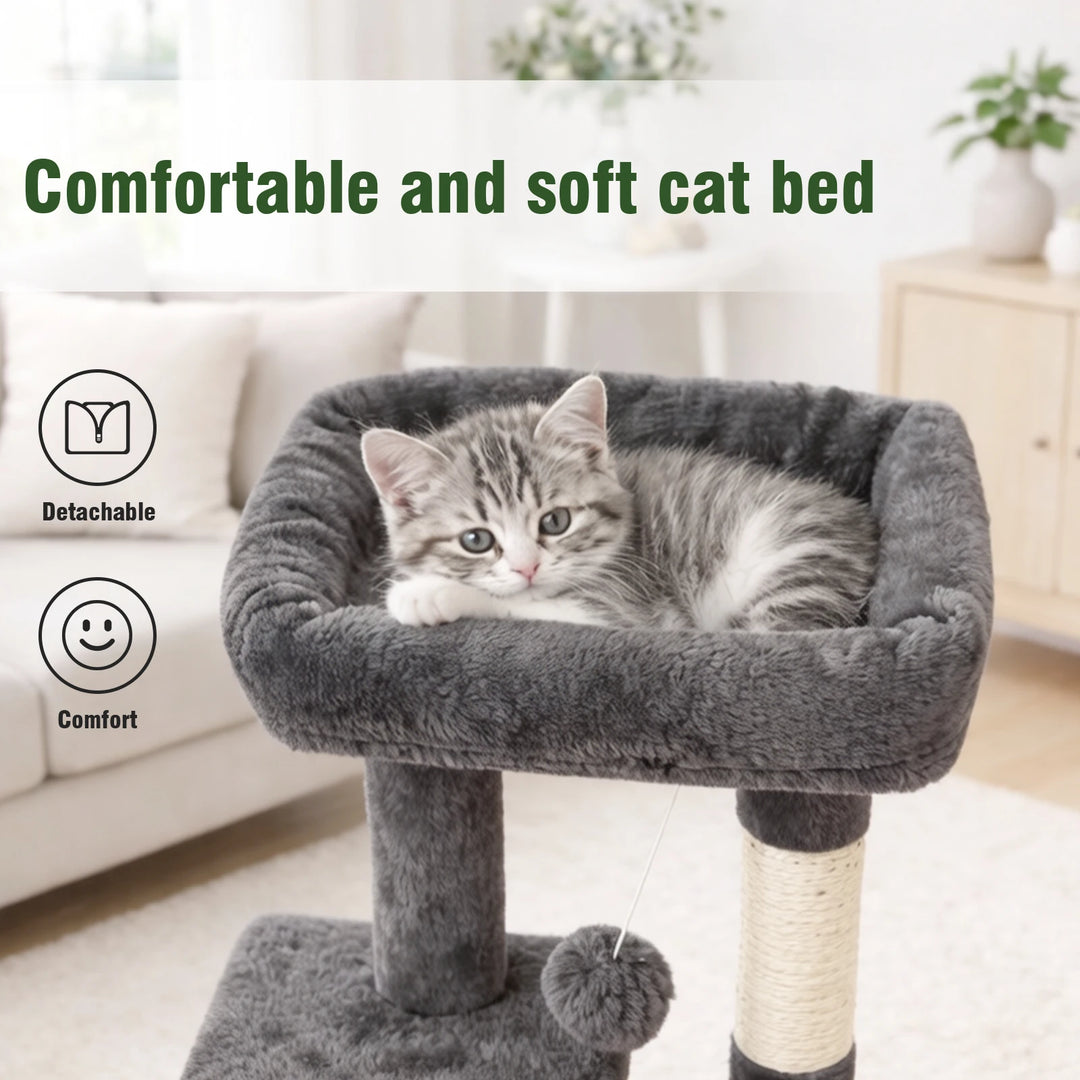 Arbre à chat compact 80 cm gris avec double niche et griffoirs