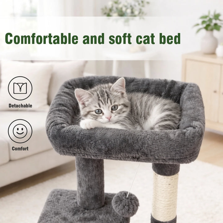 Arbre à chat compact 80 cm gris avec double niche et griffoirs