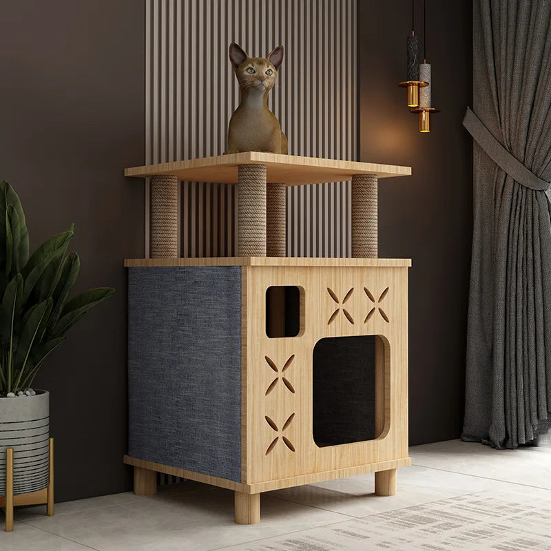 Arbre a chat design en bois - Meuble avec griffoir - Litière intégrée - Fermé