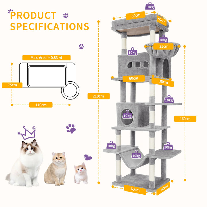 Arbre à chat 210 cm gris clair avec niches, hamac et griffoirs sisal