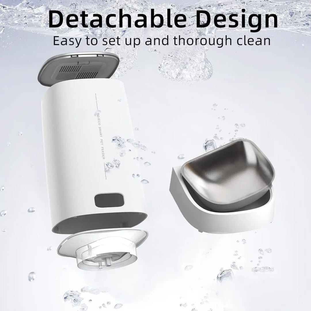 Distributeur de nourriture intelligent pour animaux, blanc, design détachable, facile à nettoyer.