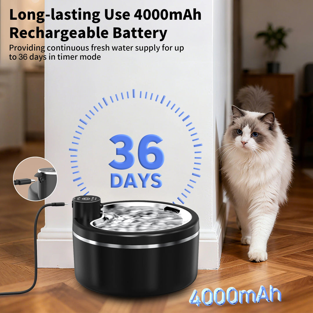 Fontaine pour animaux, batterie rechargeable 4000mAh, fournit de l'eau fraîche jusqu'à 36 jours, couleur noire.