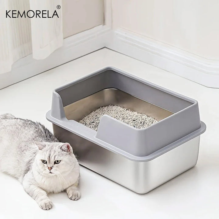 Bac à litière chat en acier inoxydable avec rebords hauts – Modèle "SteelGuard Anti-Projections"