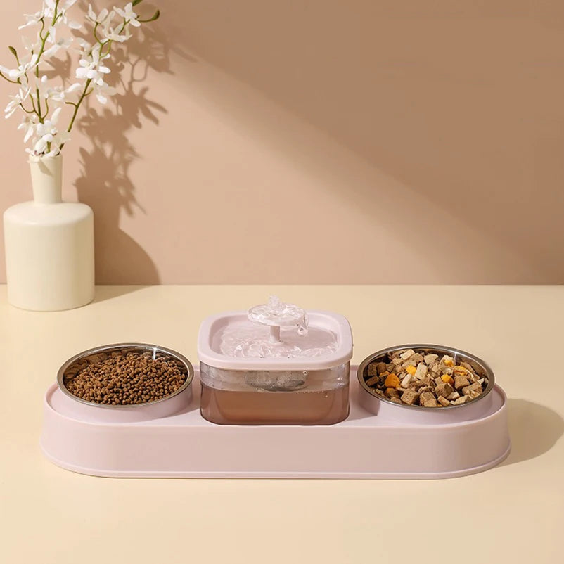 Distributeur d'eau et nourriture pour animaux, rose, avec fontaine, bols en acier inoxydable.
