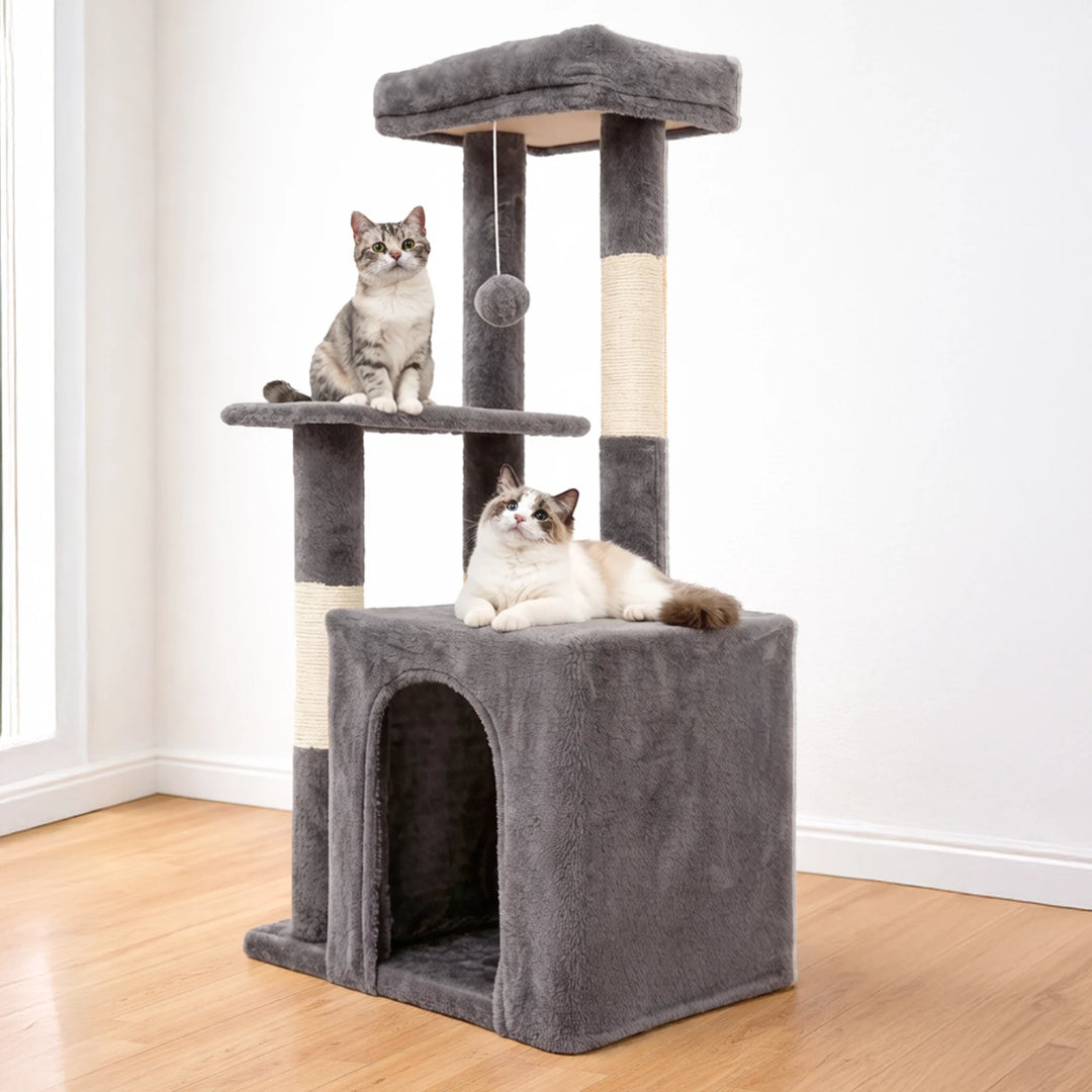 Arbre à chat compact 80 cm gris avec double niche et griffoirs