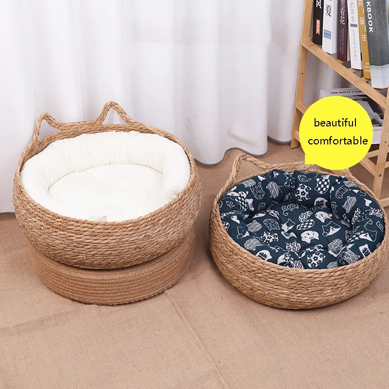 Panier pour chat en osier avec coussin blanc et oreilles de chat – modèle L’Oseraie Féline