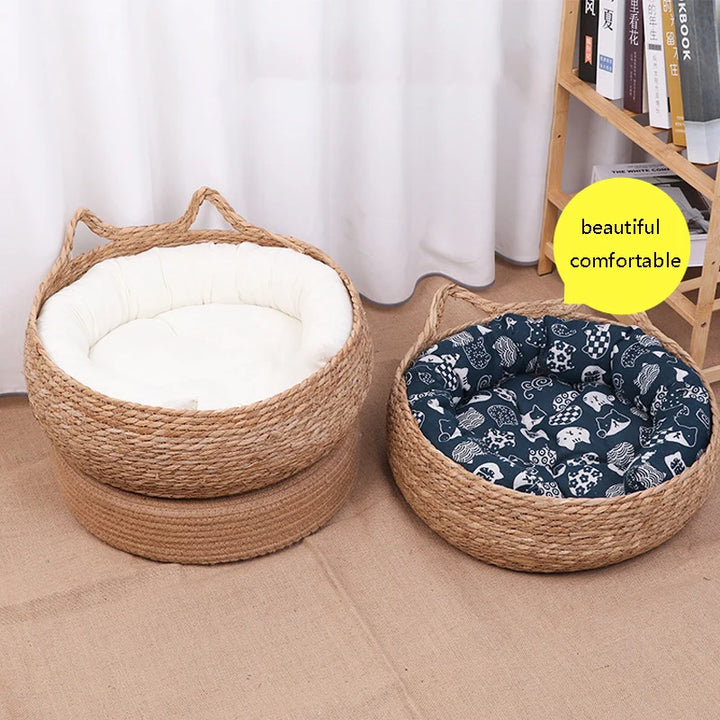 Panier pour chat en osier avec coussin blanc et oreilles de chat – modèle L’Oseraie Féline