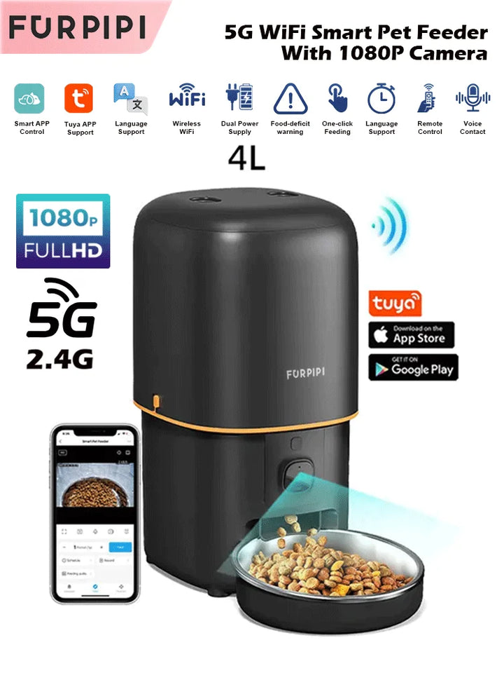 Distributeur alimentaire intelligent Furpipi 4L, WiFi 5G, caméra 1080P, noir, contrôle via app.