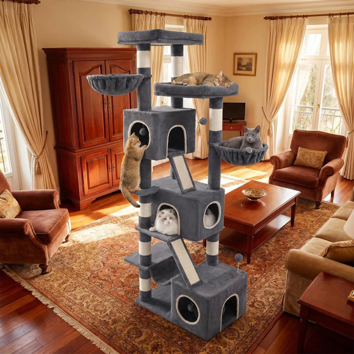 Arbre à chat XXL 213 cm gris pour Maine Coon avec niches et hamac