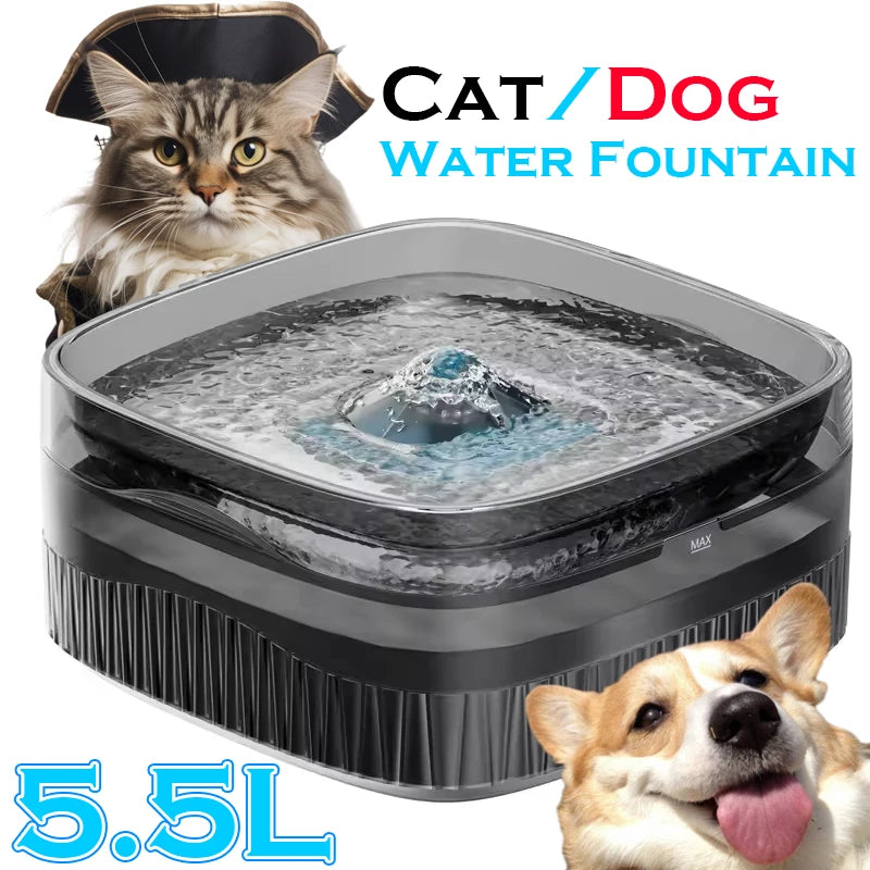 Fontaine à eau pour chat et chien, 5,5L, design moderne, couleur noire, circulaire et silencieuse.