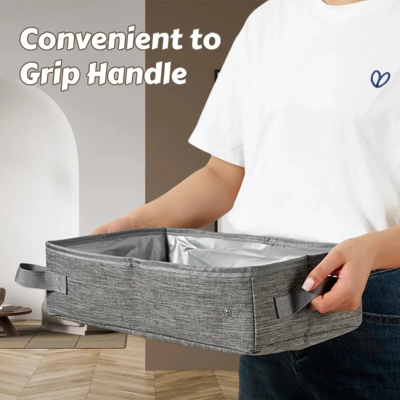 Panier de rangement gris en tissu avec poignées pratiques, idéal pour l'organisation à la maison.