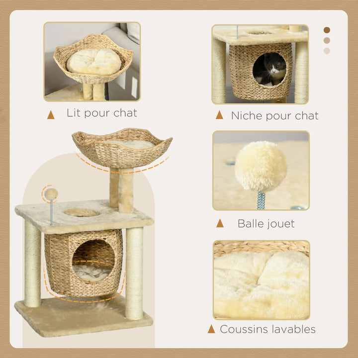 Arbre à chat 74 cm beige avec niche et panier tressé
