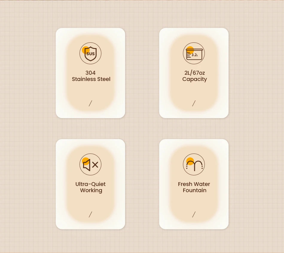 Fontaine à eau en acier inoxydable 304, capacité 2L, fonctionnement ultra-silencieux, design moderne.