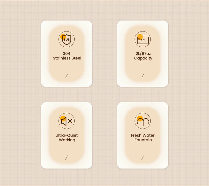 Fontaine à eau en acier inoxydable 304, capacité 2L, fonctionnement ultra-silencieux, design moderne.