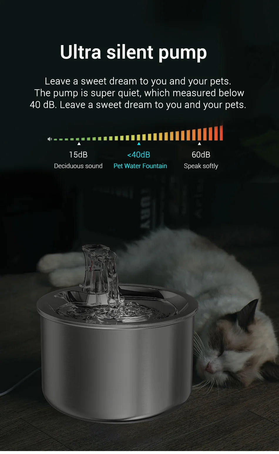 Fontaine à eau pour animaux, silencieuse, 40 dB, design moderne en acier inoxydable, idéale pour les chats et chiens.