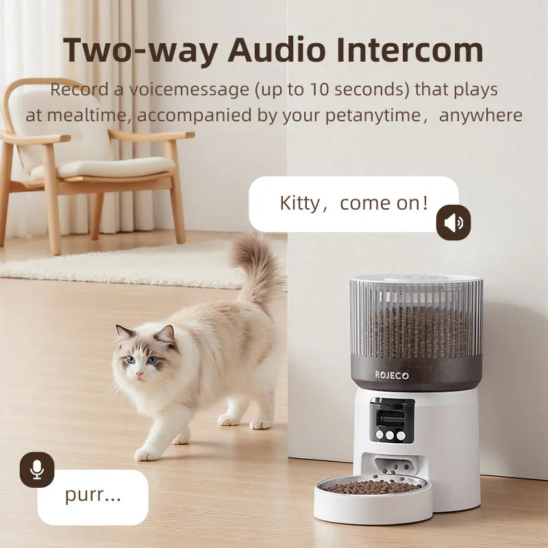 Distributeur de croquettes automatique blanc avec interphone audio, idéal pour les repas de votre chat.