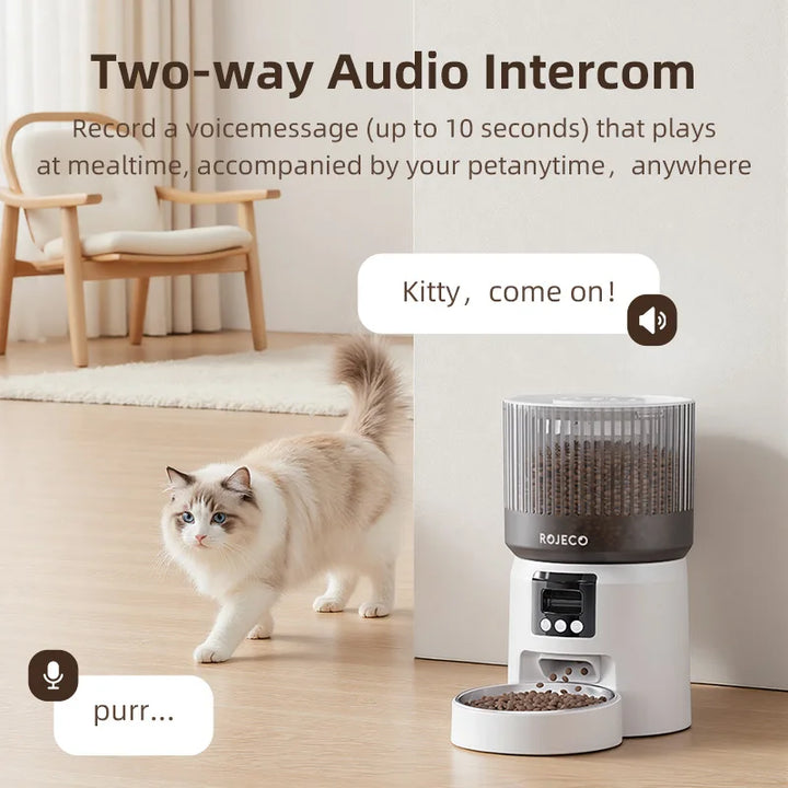 Distributeur de croquettes automatique blanc avec interphone audio, idéal pour les repas de votre chat.