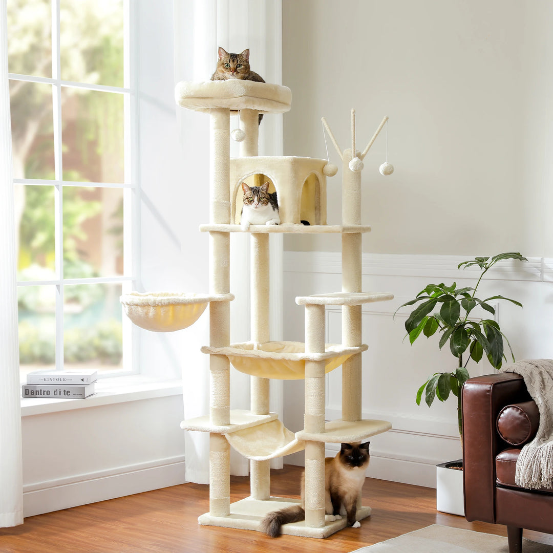 Arbre a chat maine coon multi-niveaux avec poteaux griffoir et hamac - Modèle : "FelineKingdom"