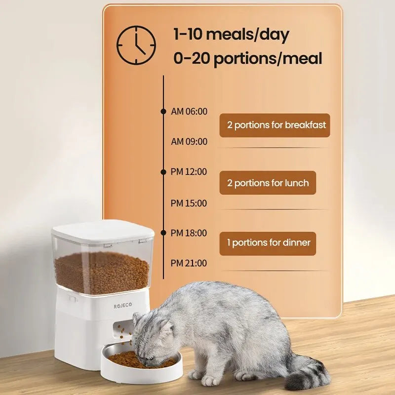 Distributeur automatique de nourriture pour chat blanc, programmable pour 1-10 repas par jour.