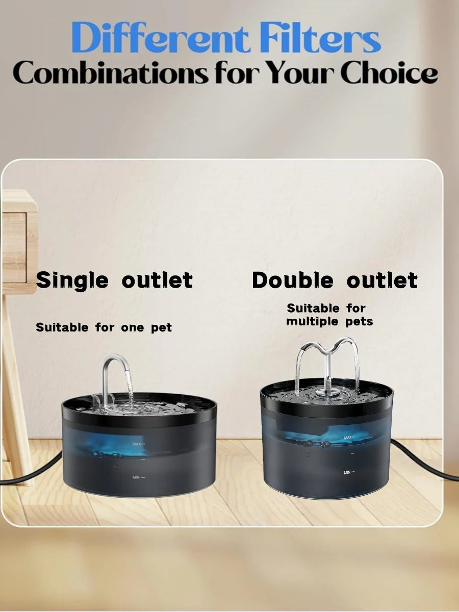 Fontaine pour animaux avec sortie simple et double, adaptée pour un ou plusieurs animaux, design noir.