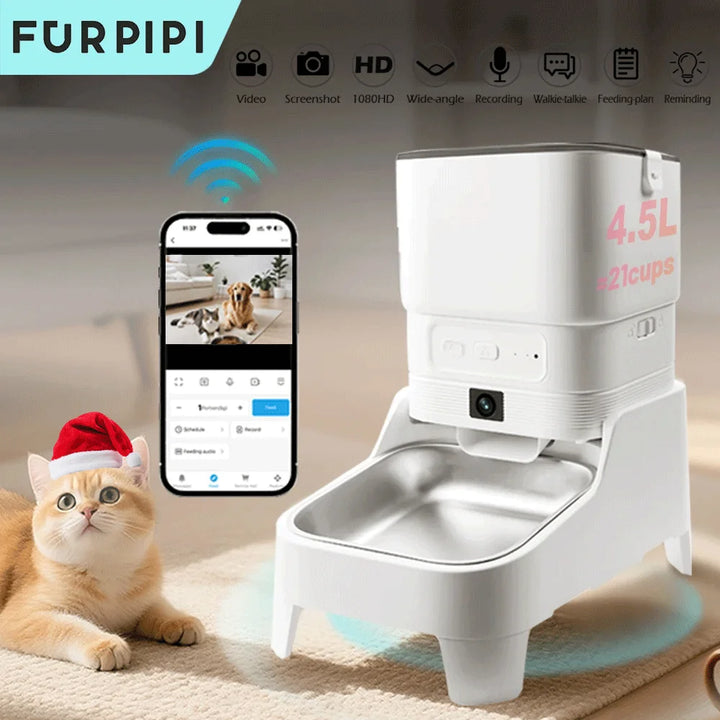 Distributeur de nourriture intelligent pour animaux, 4,5L, avec caméra HD et application mobile.