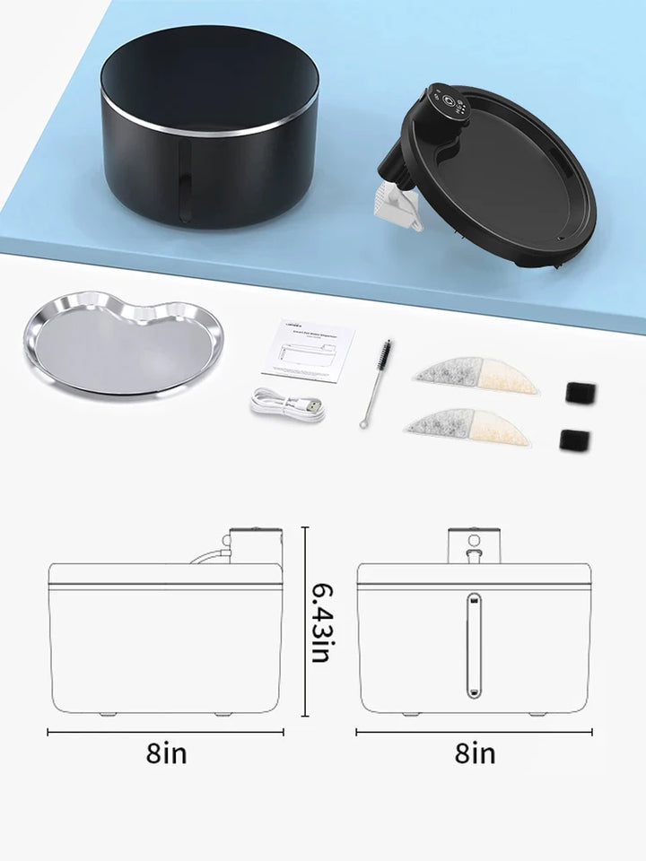 Machine à café noire 8 pouces, avec plateau, accessoires et mode d'emploi, moderne et pratique.