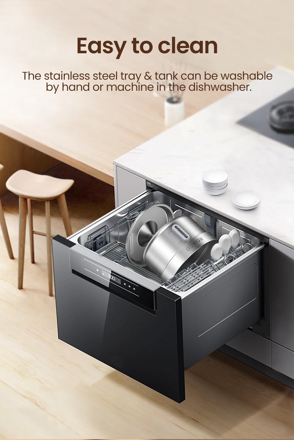 Lave-vaisselle noir avec plateau en acier inoxydable, facile à nettoyer à la main ou au lave-vaisselle.