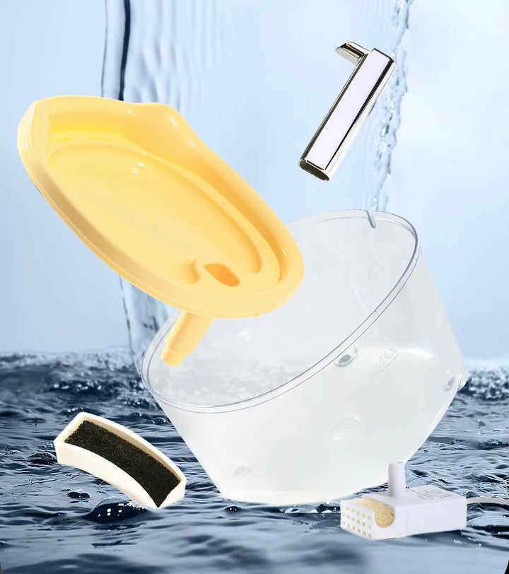 Kit de filtration d'eau avec réservoir transparent, filtre noir et accessoires jaunes, idéal pour purifier l'eau.