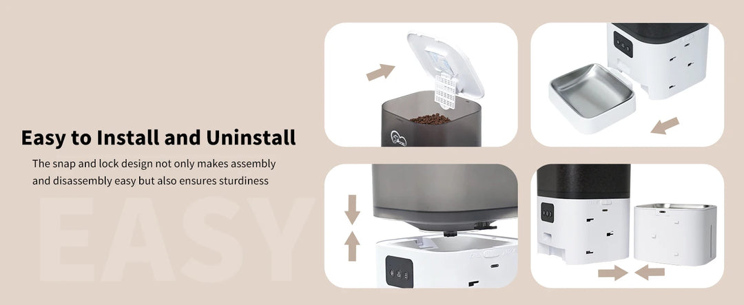 Distributeur de café en plastique noir et blanc, design facile à assembler avec système de verrouillage.