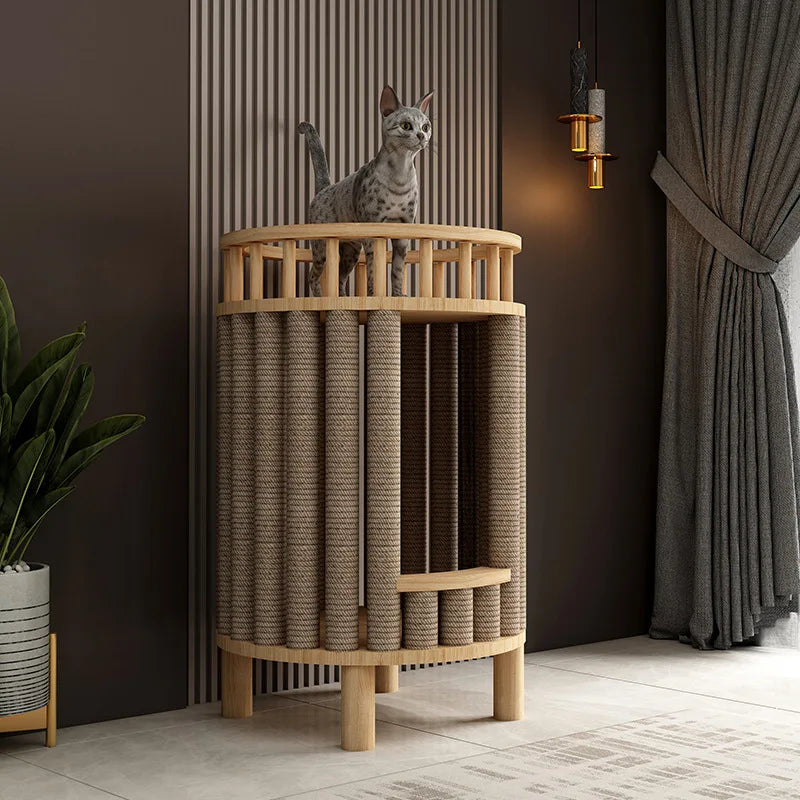 Arbre a chat design en bois - Meuble avec griffoir - Litière intégrée - Rond