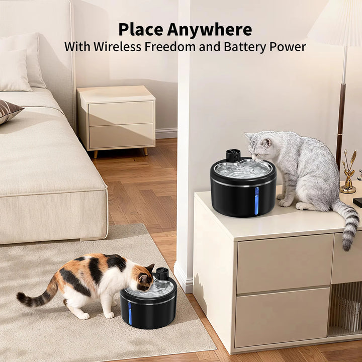Fontaine à eau pour chats sans fil, couleur noire, en plastique, adaptée à tout espace intérieur.