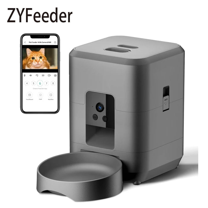 Distributeur automatique ZYFeeder gris avec caméra, idéal pour nourrir les animaux de compagnie à distance.